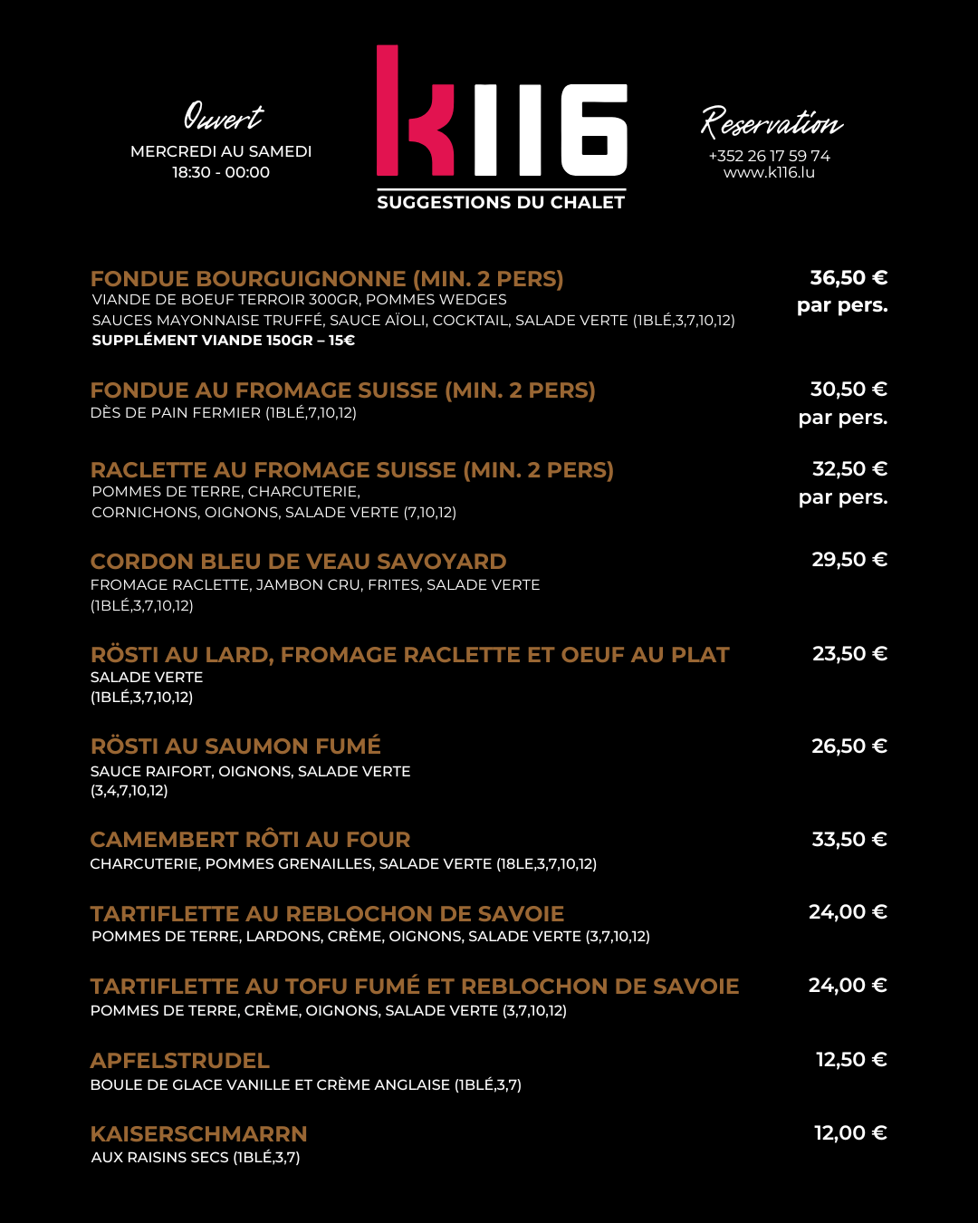 K116 Chalet Menu